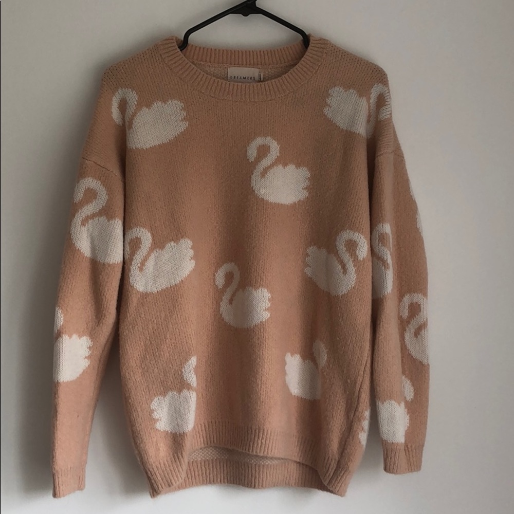 Dreamers Pink and white swan knit sweater